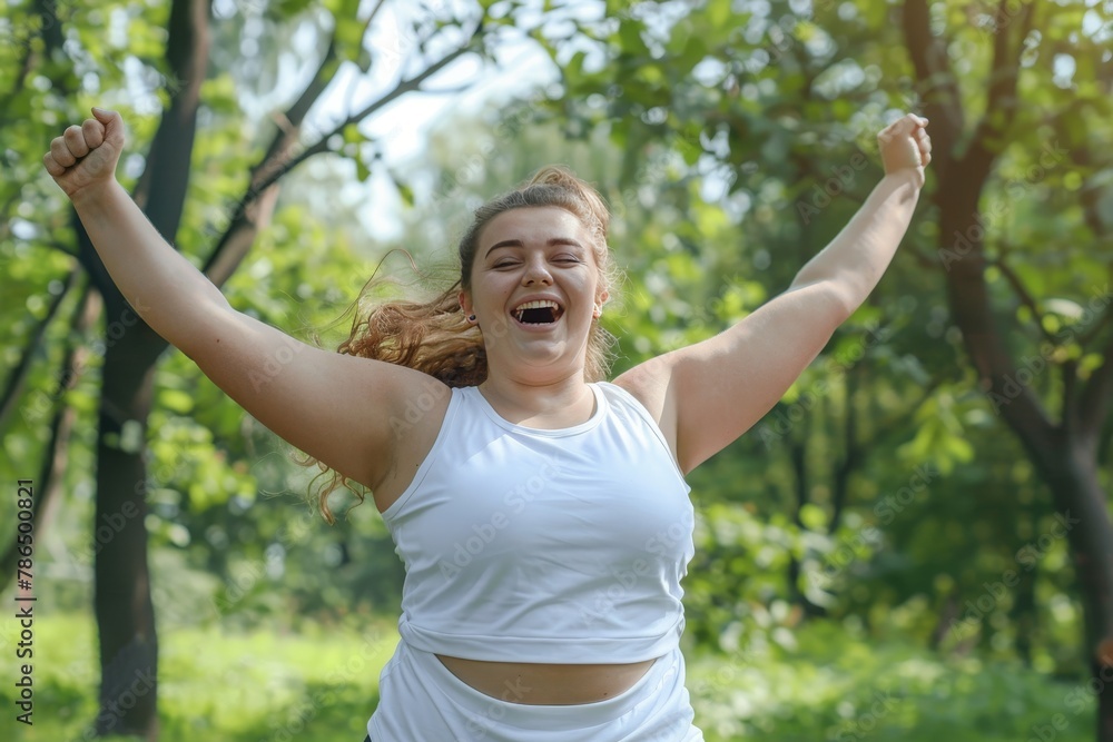 Cheerful overweight woman in workout attire exercising for weight loss in a sunny park