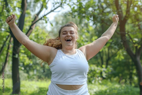 Cheerful overweight woman in workout attire exercising for weight loss in a sunny park