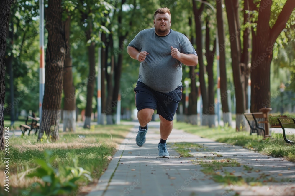 Young overweight man in sportswear running to lose weight in a sunny summer park