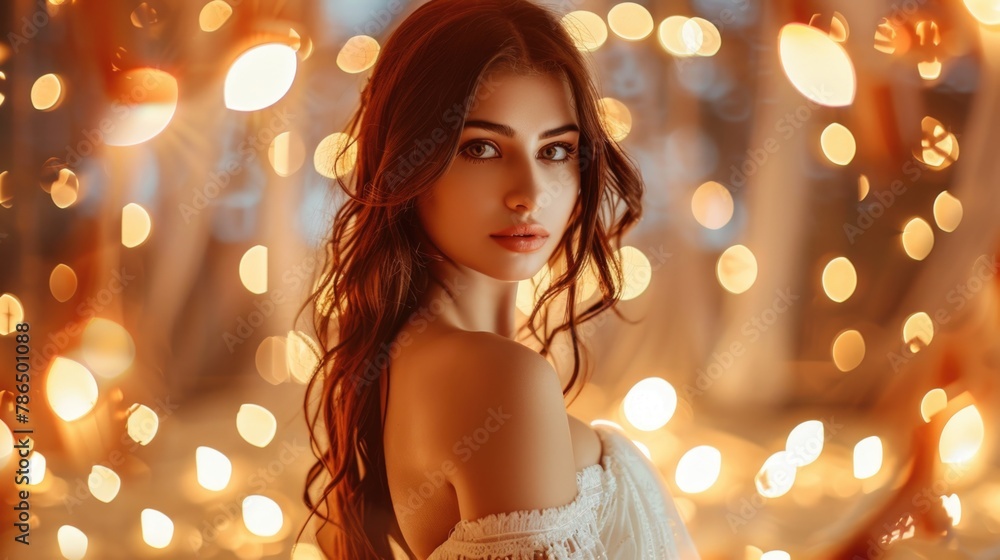 portrait of beautiful indian woman ,orange bokeh lights background. portrait of beautiful indian woman ,orange bokeh lights background.