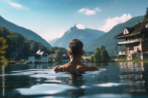 AI generated image of young man relaxing in swimming pool