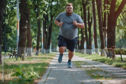 Young overweight man in sportswear running to lose weight in a sunny summer park