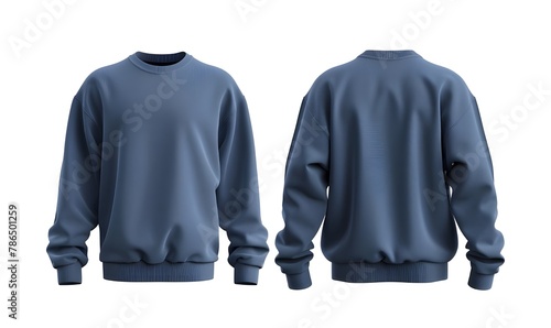 front and back view of blue sweatshirt templates. Pullovers with long sleeves, mockups for design and print, isolated on white or transparent . Blue Sweatshirt Front and Back View Templates