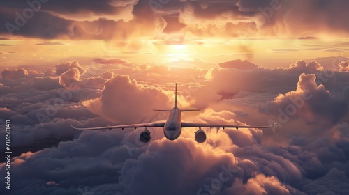 Airplane flying above clouds in sunset light. Concept of fast travel, holidays and business.