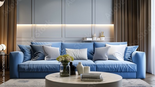 In the serene ambiance of a modern living room, a plush blue sofa sits gracefully amidst a symphony of cool tones.