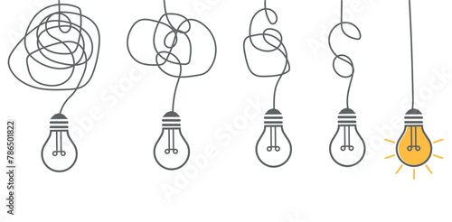 Simplifying the complex, confusion clarity or path. vector idea concept with lightbulbs doodle illustration