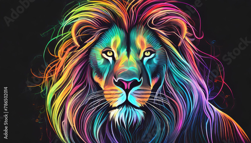Portrait of lion in ultra-bright neon style, rainbow lines. Wild animal. Abstract graphic art.