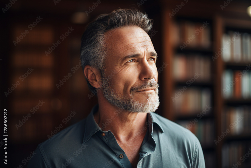 Smart creative man among bookshelves in modern university campus library generative AI