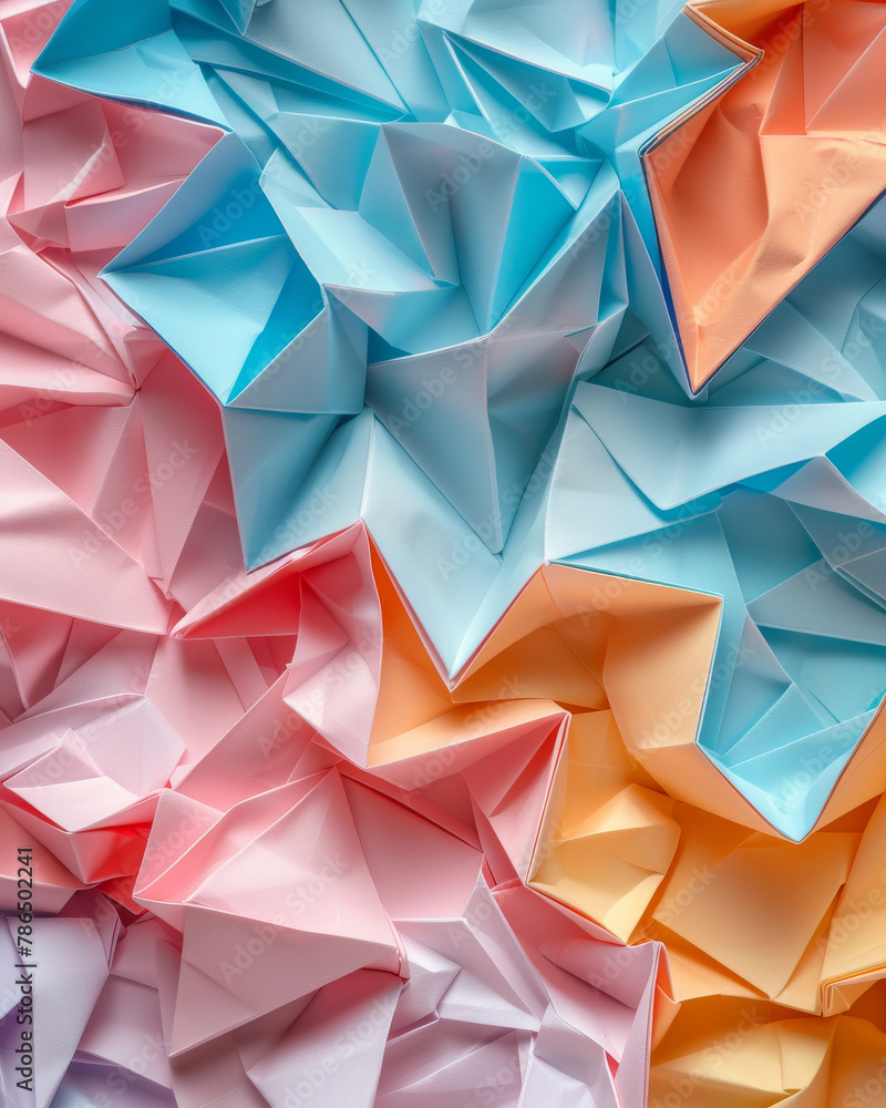 Close-up of a 3D origami paper texture, with intricate folds and bright colors, perfect for a unique and cute advertising background Close-up of a 3D origami paper texture, with intricate folds and bright colors, perfect for a unique and cute advertising background