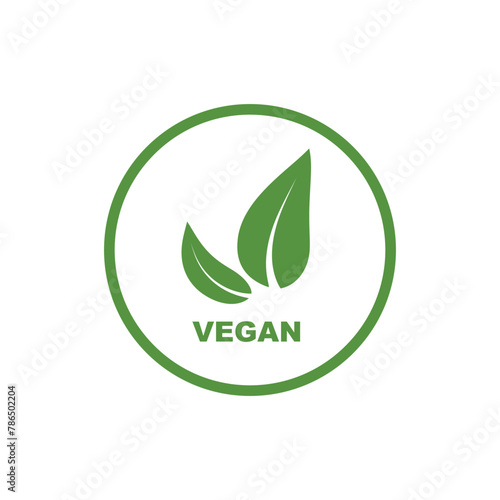 Vegan food diet icon. Organic, bio, eco symbol. Vegan, no meat, lactose free, healthy, fresh and nonviolent food. Round green vector illustration with leaves for stickers, labels and logos