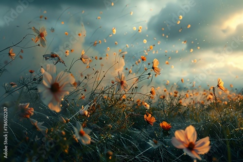 Experience the raw power of nature as strong windstorm rips delicate petals off wildflowers in a field. Witness the interplay of light and shadow on the meadow, capturing the fleeting beauty and force © Roberto