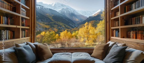 Cozy reading nooks and window seats invite relaxation amidst stunning mountain scenery. 