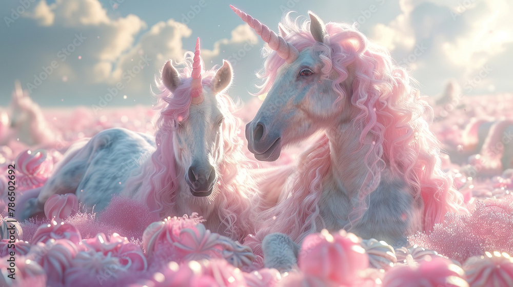 Unicorns playing in fields of candy like flowers, celebrating their sweetness on Unicorn Day