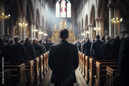 Relatives making Funeral ceremony Scene with coffin in church mourning generative AI