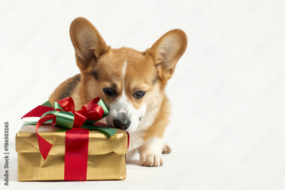 A Welsh Corgi dog and a gift box with red and green ribbons,  isolated on a white background
