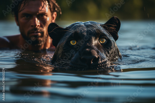 Image of a happy person swimming with panthera made with generative AI