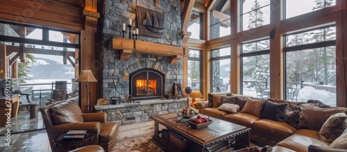 Custom-built stone fireplace creates a cozy focal point for gatherings and relaxation.
