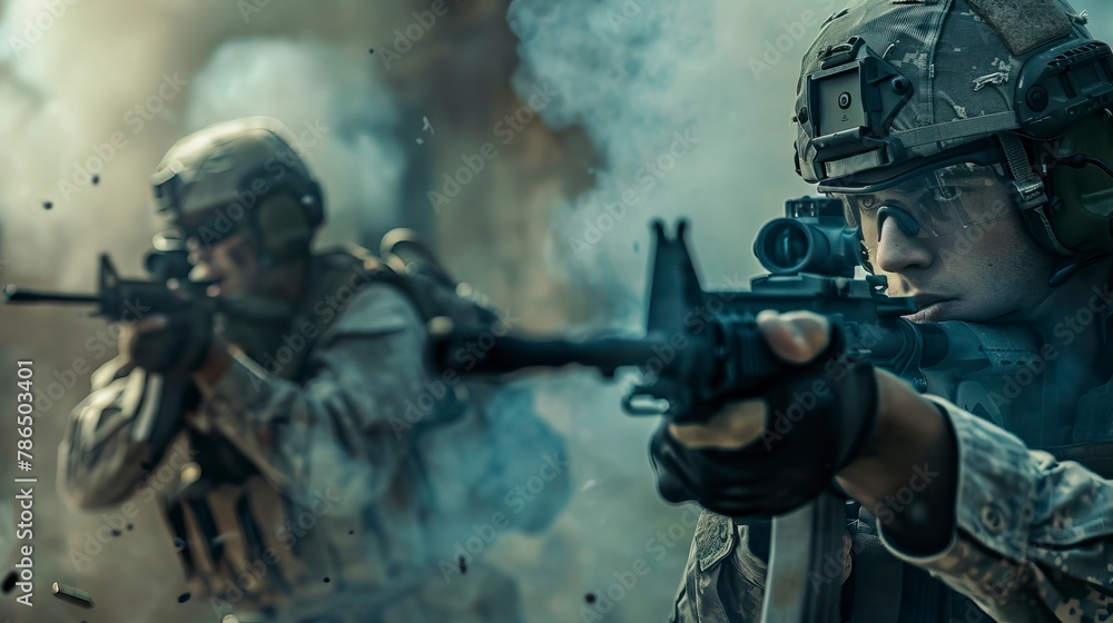 Fototapeta premium army soldiers fighting with guns and defending their country. In remember of military veteran and Happy memorial day Celebration
