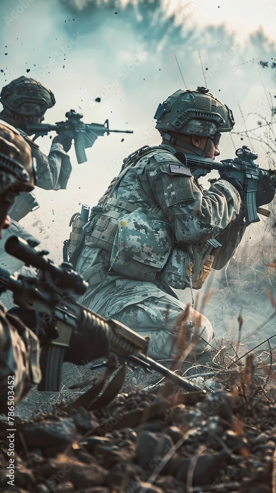 Fototapeta premium army soldiers fighting with guns and defending their country. In remember of military veteran and Happy memorial day Celebration