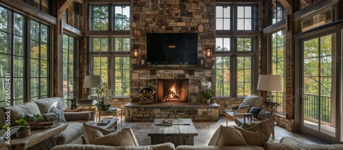 Custom-built stone fireplace creates a cozy focal point for gatherings and relaxation. 