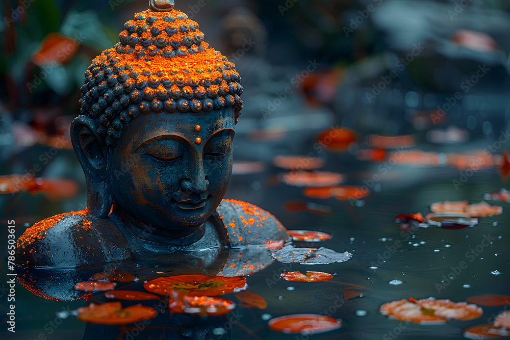 Tranquil Buddha Statue at Night in a Calming Blue Environment with Psychedelic Waves