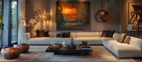 Designer lighting fixtures and artwork add sophistication and personality to interior spaces.  photo