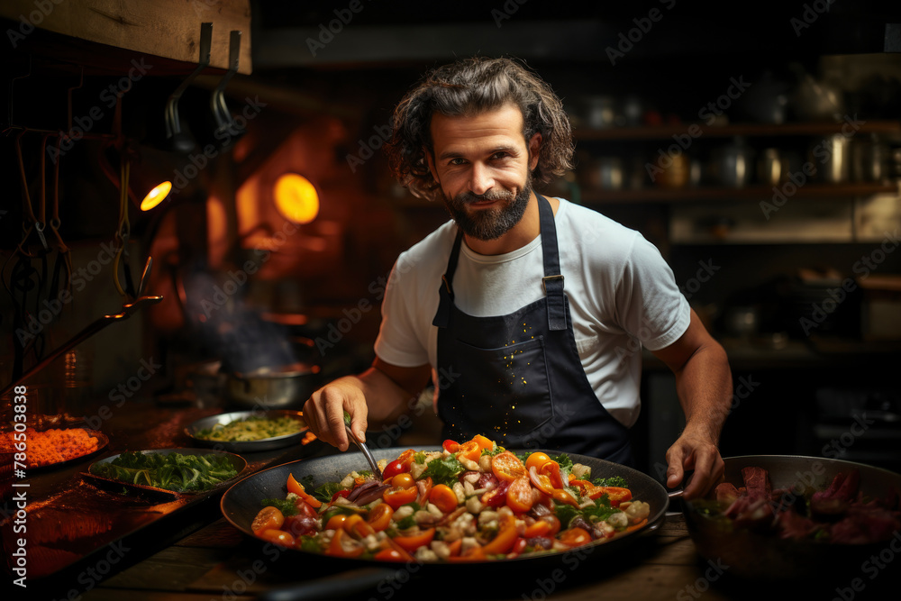 Smiling male cook frying vegetables on pan in kitchen