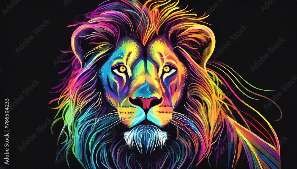 Portrait of lion in ultra-bright neon style, rainbow lines. Wild animal. Abstract graphic art.