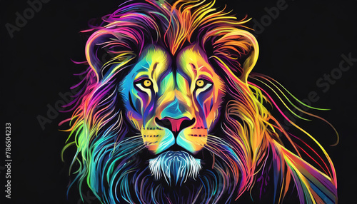 Portrait of lion in ultra-bright neon style, rainbow lines. Wild animal. Abstract graphic art. © hardvicore