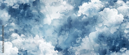 Abstract Blue Clouds in a Watercolor Background, Gray and Blue clouds with a light gray background on textured paper, soft watercolors used to create an atmospheric scene Generative AI