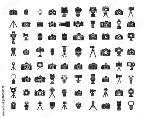 Camera icons vector set. Monochrome objectives photo flash tripods modern vintage gadgets equipment silhouettes isolated on white background