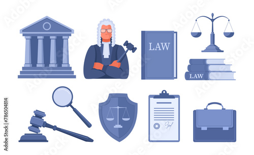 A set of illustrations on the theme of court, law, legal services and defense in court. Male judge in a wig, courthouse, scales, law book, contract, gavel, magnifying glass, shield. Blue vector banner