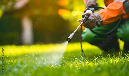 close-up shot of a worker spraying pesticide on a lush green lawn outdoors for pest control