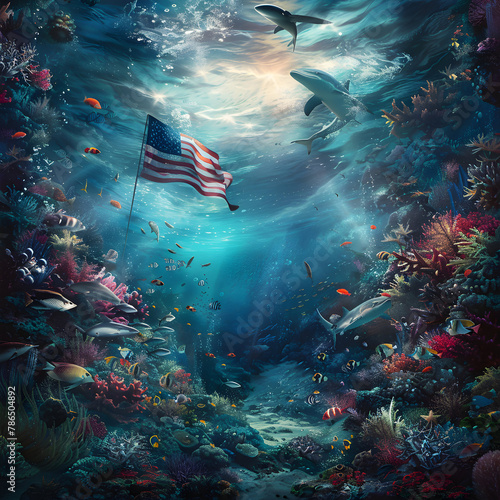 American Flag in Oceanic Abyss Surrounded by Fish