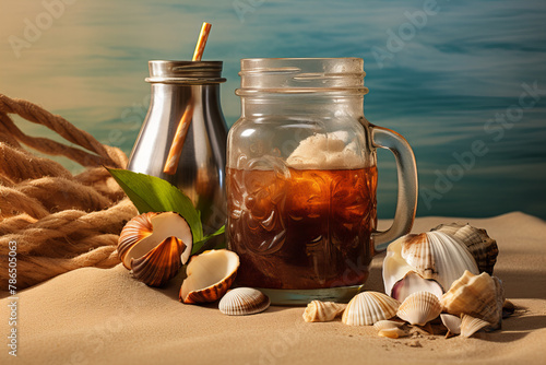 Glass and mason jar of cold Cuba Libre cocktail, seashells on sand