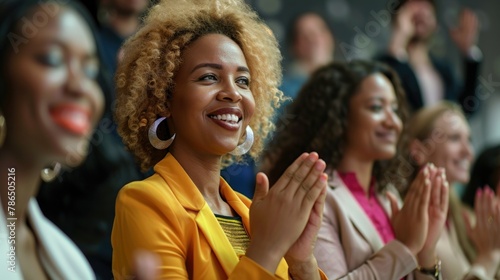 A moment of applause and camaraderie among colleagues as businesswomen express pride and appreciation for their male counterparts' accomplishments.