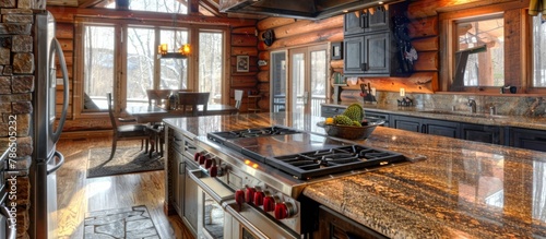 Gourmet kitchen equipped with top-of-the-line appliances and granite countertops elevates cabin living. 