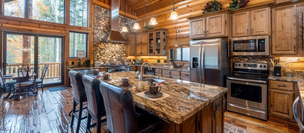 Gourmet kitchen equipped with top-of-the-line appliances and granite countertops elevates cabin living.