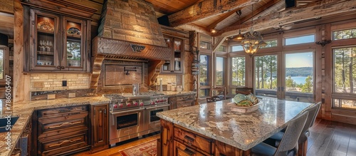 Gourmet kitchen equipped with top-of-the-line appliances and granite countertops elevates cabin living. 