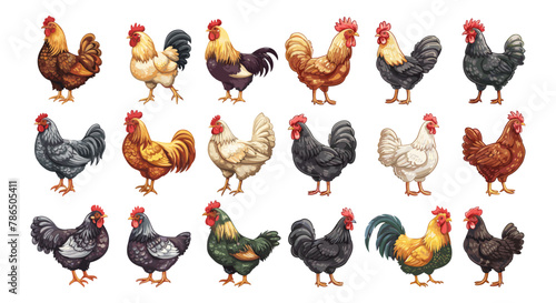 Chicken rooster cartoon vector set. Domestic agricultural poultry food bird different breeds animal illustrations isolated on white background
