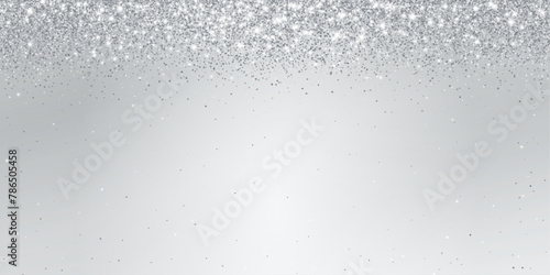 Silver glitter lights background. Sparkling glittering rain effect. Celebration backdrop for Christmas, wedding, birthday party. Luxury metallic frame, border. Vector.
