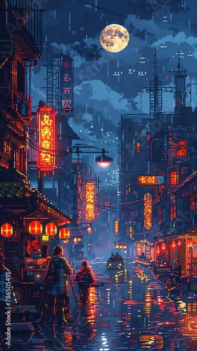 A pixel art of a rainy night in a city. The city is lit by red lanterns and the moon is full. © Nattanon