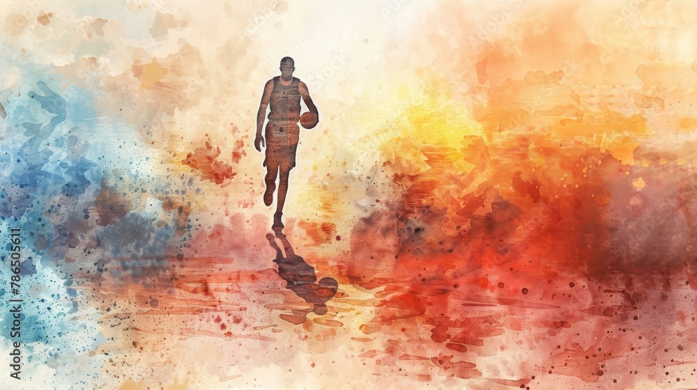 Naklejka premium A basketball on the background of a watercolor painting illustration