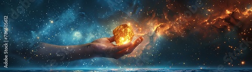 An illustration of a hand holding a golden crystal in space photo