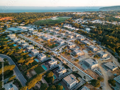 Aerial View of new luxury homes at Quinta Da Marinha Residential Area in Cascais, Portugal During Golden Hour