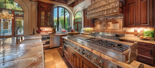 Gourmet kitchen features top-of-the-line appliances and custom cabinetry for culinary enthusiasts. photo