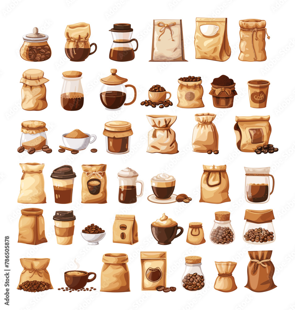 Coffee packages cartoon vector set. Paper bags packets glass containers grind grain seeds cappuccino espresso cups tonic drinks isolated illustrations on white background Coffee packages cartoon vector set. Paper bags packets glass containers grind grain seeds cappuccino espresso cups tonic drinks isolated illustrations on white background