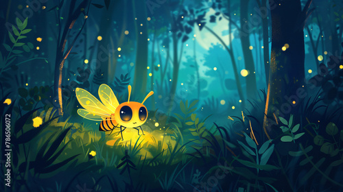 Cute Cartoon Firefly in the Woods