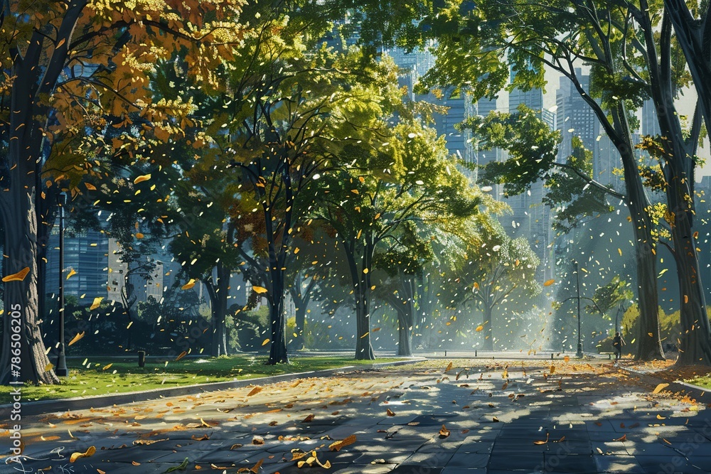 Immerse yourself in the urban oasis as city trees sway rhythmically in response to the wind, their leaves creating a mesmerizing symphony of rustling sounds