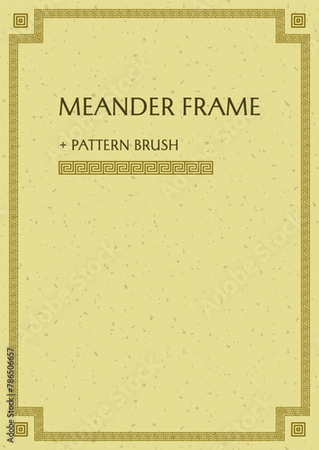 Antique frame with meander, greek key ornament. Textured background. Pattern brush with end, start tiles. Design element, template for classic antique decoration. A4 paper size